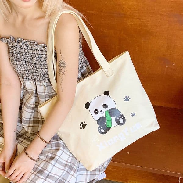 New cartoon panda print handbag for women, large capacity, versatile, single-shoulder bag, casual canvas bag