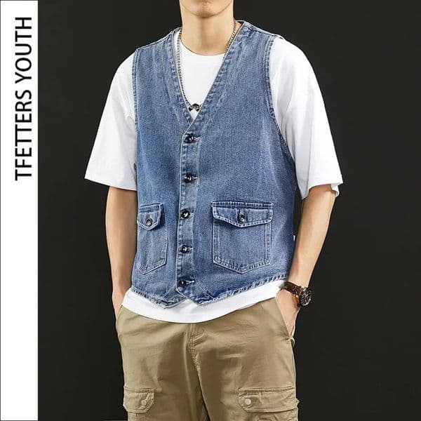 TFETTERS Summer Denim Vest Men Japanese Casual Loose Washed Old Sleeveless Coat Fashion Solid Color Collarless Jacket 250805