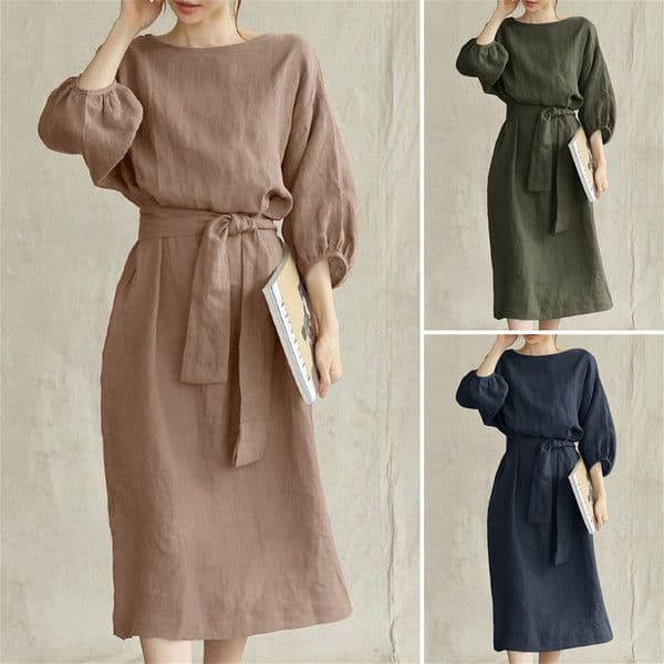 365 New Temperament Medium Length High Waist Lace-up Solid Color Round Neck Dress Ladies Party Dress