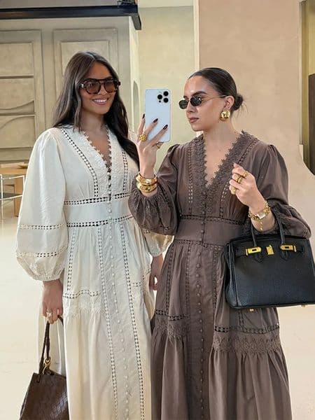 Lace Long Dresses Women Hollow Out V-neck Full Puff Sleeves A line Dress Female 2025 Fashion Summer Party Holiday Beachwears250801BJ
