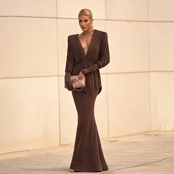 2025 Summer New Fashion Sexy V-Neck Ruched Top Bodycon Long Skirt Set for Women