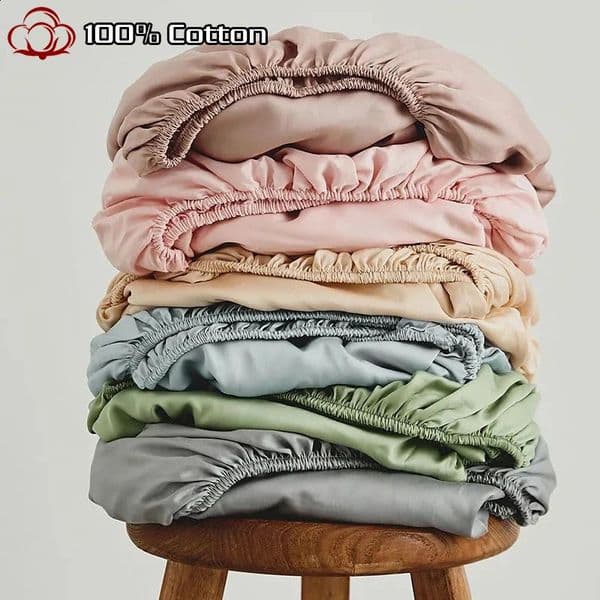 Sheet High Quality 100% Cotton Fitted Sheet Soft Breathable Mattress Cover with Elastic Bands Single/Double/King/Queen Size Bed Sheet 250805
