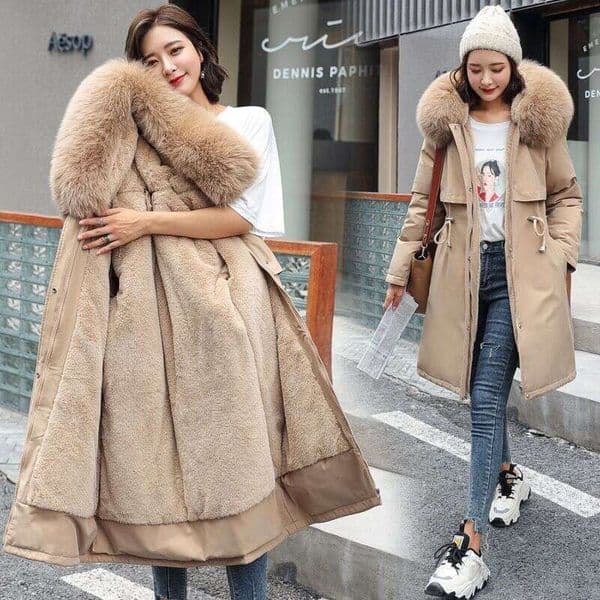 Winter 2023 New Women Clothes Long Coat Wool Liner Hooded Jacket Fur Collar Thick Warm Snow Wear Padded Parka 6Xl