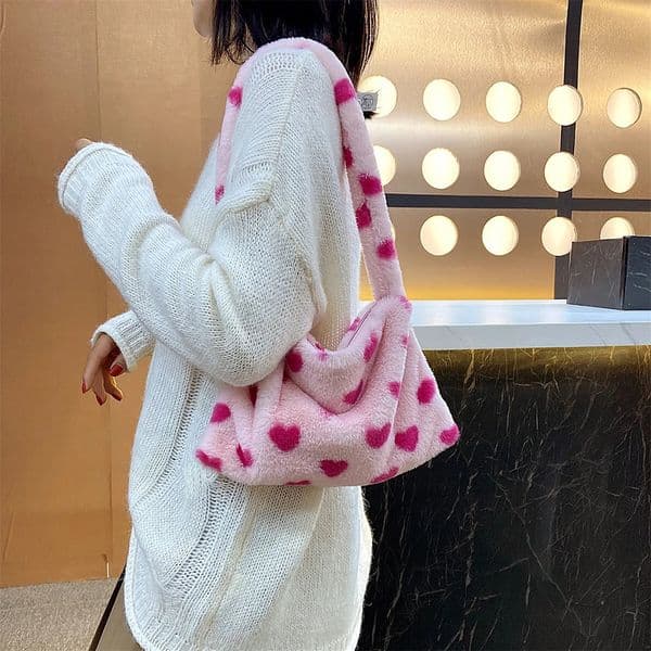 INS Fashion Women Plush Flower Pattern Shoulder Bags Elegant Female Underarm Fur Handbag Furry Fluffy Tote n 250811