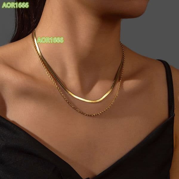 18K Gold Plated Herringbone Rope Chain Layered Necklace Stainless Steel Necklace Tarnish Free Waterproof Jewelry