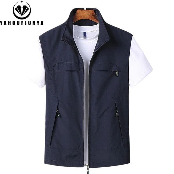 Summer Men Sleeveless Outdoor Leisure Stand Collar Vest Solid Color Breathable Many Pocket Thin Male Waistcoat Top 250809