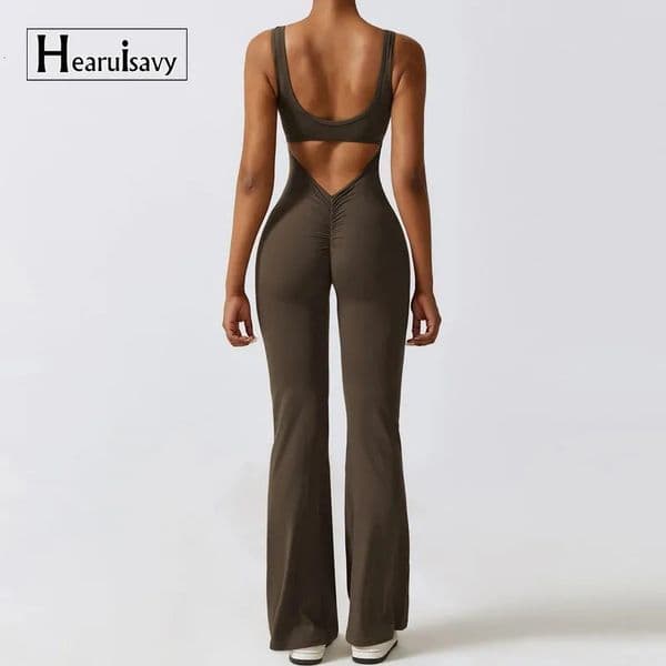 V Back Scrunch Gym Set Women Sport OnePiece Suit Yoga Flared Pants Sports Jumpsuit Fitness Rompers Workout Bodysuits 6556
