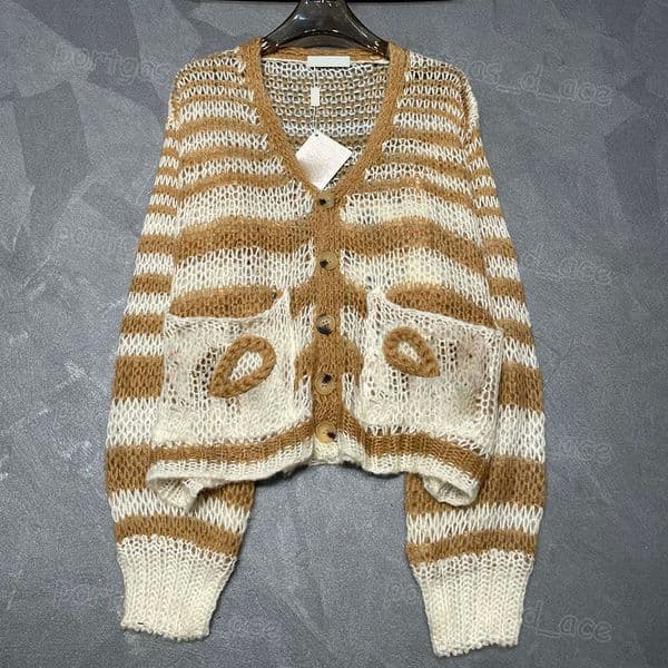 Designer Hollow Women Sweater Cardigan Luxury Striped Long Sleeve Sweaters Summer Vacation Street Style Birthday Party Knits Jumpers