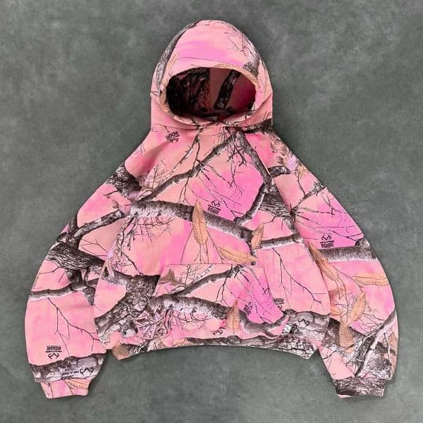 Y2K Retro Zip Up Hoodie Pink Branch Camo Print Pattern Sweatshirt Streetwear Harajuku Trendy Casual Camouflage Unisex Boxy Coat 260208