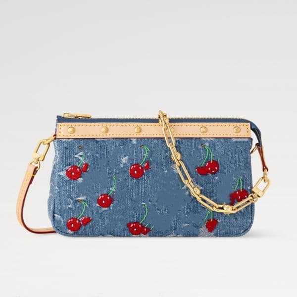 Chic bags M13994 TM Pochette Accessoires cherry denim vibrant embroidered cherry studded leather gleaming golden hardware fashion shoulder bag chain bag
