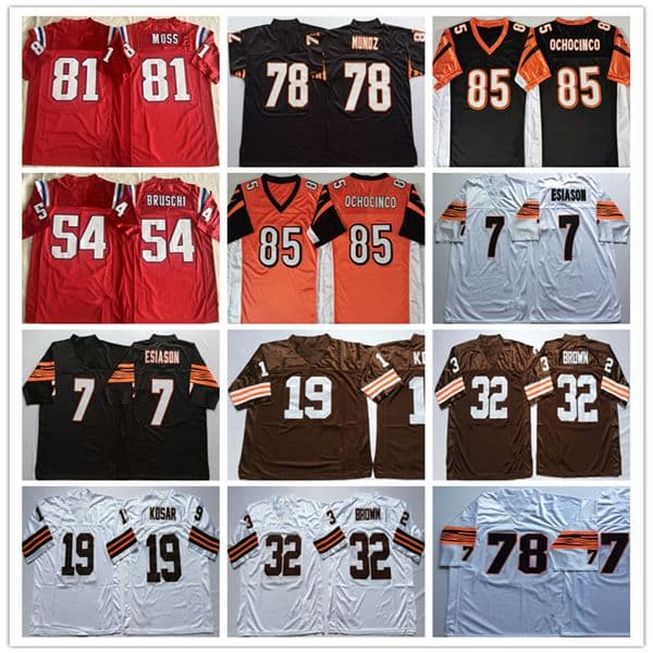 American Throwback Football Jersey 32 Jim Brown 19 Bernie Kosar 7 Boomer Esiason 78 Anthony Munoz 85 Chad Ochocinco 54 Tedy Bruschi Stitched Retro Shirt