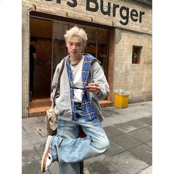 American Style Two-Piece Hooded Plaid Cardigan Sweatshirt for Men Spring and Autumn Loose Cleanfit Jacket 250808BJ