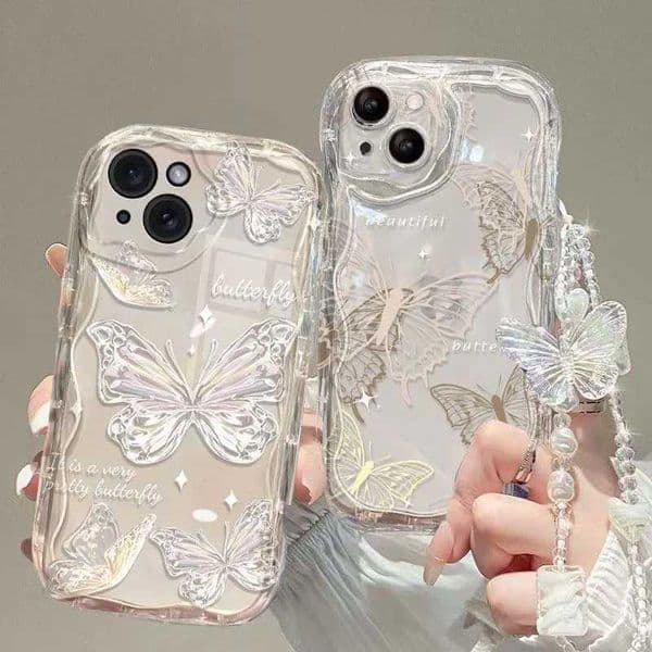 3D Butterfly Bracelet Chain Phone Case for 15 16 Pro Max 14 11 13 12 Mini XR 8 7 Plus XS SE 2022 Wavy Clear Cover XJ250811