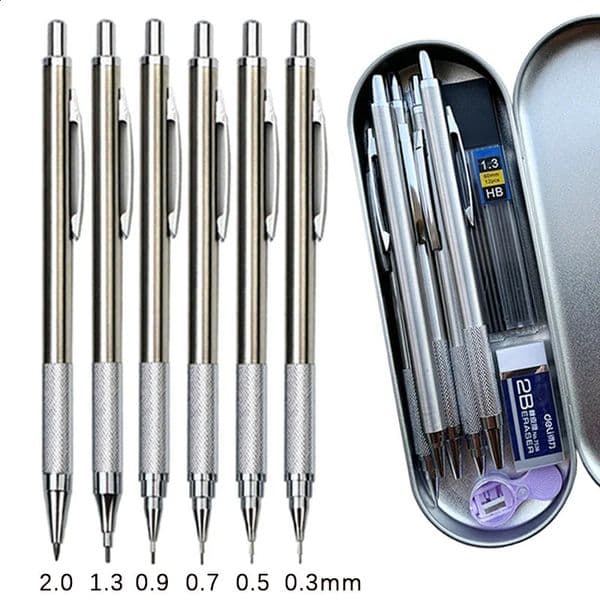 6pcs Metal Mechanical Pencil with Pen Box Lead Eraser Pencil Sharpener Set 0.3 0.5 0.7 0.9 1.3 2.0mm Art Sketch Automatic Pencil 250805
