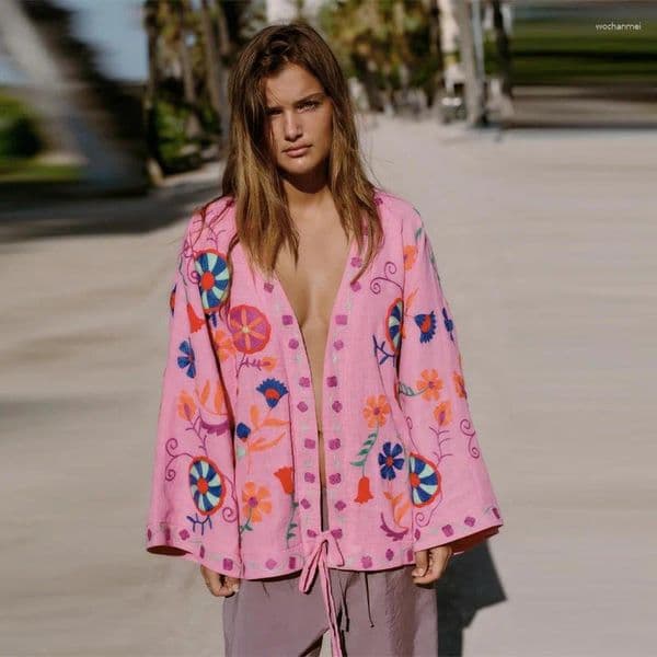 Women's Jackets Women Elegant Printed V Neck Lace Up Coats Fashion Long Sleeve Loose Shirts Casual Early 2025 Autumn Female Beach