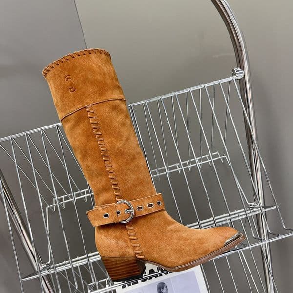 Luxury brand women new design plain toes knee boots Top quality Western knee high boots Fashion suede slip on boots Chunky Heel Buckle Embellished Factory footwear