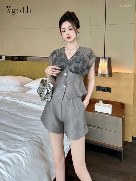 Women's Tracksuits Xgoth Summer Korean Fashion V-neck Slim Sleeveless Top High Waisted Shorts Set Commuter Casual Two Piece Women Outfits