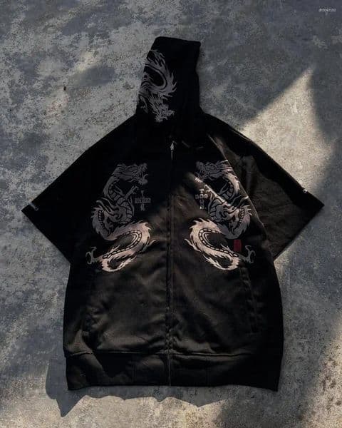 Men's Hoodies Vintage Fashion Short Sleeve Harajuku Hip Hop Long Coats Loose Hooded Sweatshirt Men And Women Streetwear
