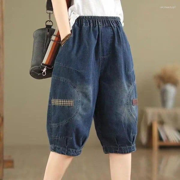 Women's Jeans Summer Lightweight Denim Bermuda Shorts For Women Vintage Large Size Elastic Waist Versatile Wide Leg Loose Six-inch Pants
