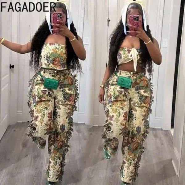Women's Two Piece Pants FAGADOER Vintage Printing Sexy Tassels Straight Sets For Women Lace Up Tube Trousers Outfits Fashion Streetwear