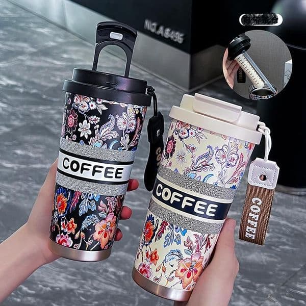 Designer Handle Straw Lid Stainless Steel 500Ml Vacuum Insulated Water Bottle Car Mug Luxury Double Wall Thermal Iced Travel Cup cymbidium coffee cup Car Gift