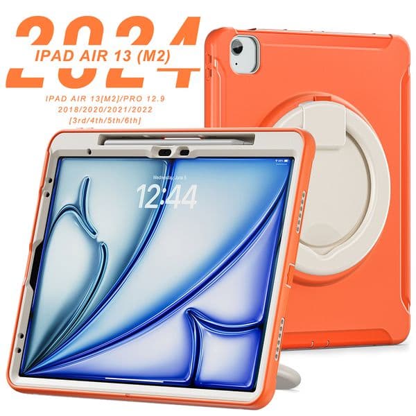Case For iPad Air13 M3 M2 / Pro12.9 3th/4th/5th/6th Gen Handle Protective Cover 360 Rotating Ring Stand, Shockproof Rugged Protective Tablet Cases (Black)(PET Film)