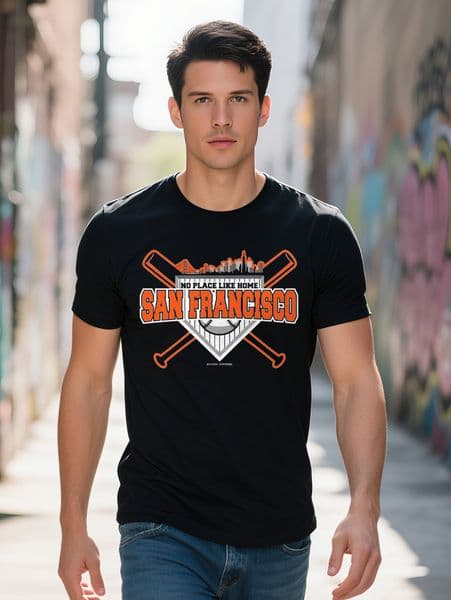 San Francisco Baseball Fans No Place Like Home Graphic Black Cotton T Shirt L XL Vibrant Orange Accents Casual