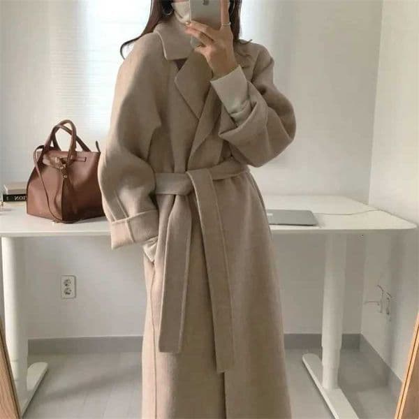 2025 Autumn Winter New Korean Womens Long Oversize Casual Woolen Coat with Chic Thick Warm Lapel Lace-up Pockets Z250813