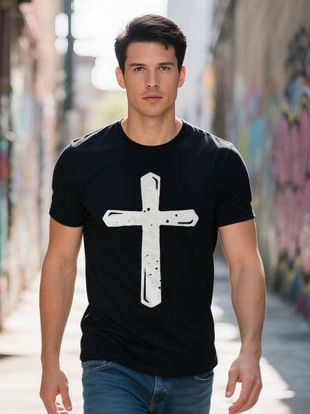 Men S Casual Crew Neck T-Shirt with White Cross Design Perfect for Summer Everyday Comfort Distressed
