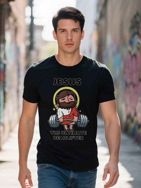 Men S Casual Round Neck T-Shirt with Jesus the Ultimate Deadlifter Print Black Short Sleeve Summer Tee Regular Fit
