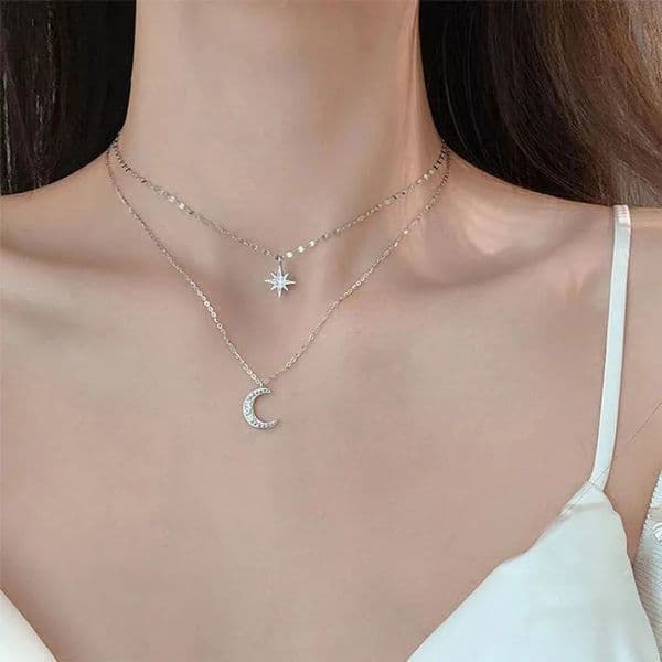 SUMENG 2024 Simple Double Layer Star Moon Charm Multilayered Necklace Delicate Clavicle Chain Zircon For Women Fashion Jewelry 250811