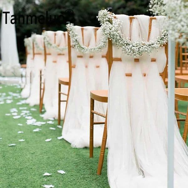 10PCS White Net Fabric Tulle Chair Sashes Wedding Event Decoration Banquet Party Arch Decoration DIY Chair Knots No Flower X250813