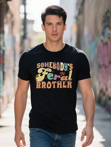 Men Casual Crew Neck T Shirt with Somebody S Feral Brother Floral Print Black Short Sleeve Summer Tee Soft Blend