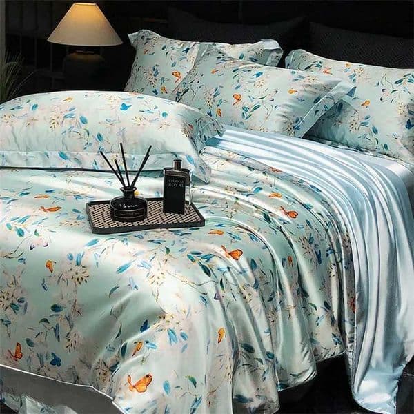 Floral Silk Bedding Set with Duvet Cover Bed Sheet Pillowcase Luxury Couple Single Double King Queen Soft Bedsheet Nordic Smooth XJ250619