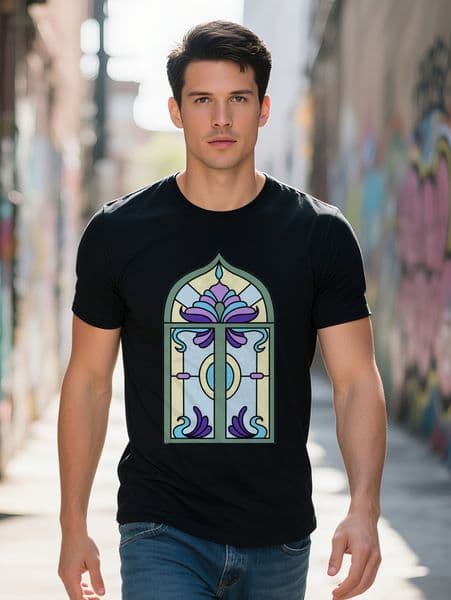 s Casual Crew Neck T Shirt with Stained Glass Arch Print Black Graphic Tee Perfect Gift for Men Summer Style