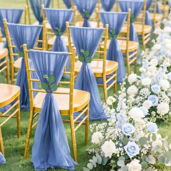 20PCS 17X250cm Sky Blue Wedding Chiffon Chair Sashes Cover Drapes Soft for Party Ceremony with Hotel Arrangement Banquet Decor X250813