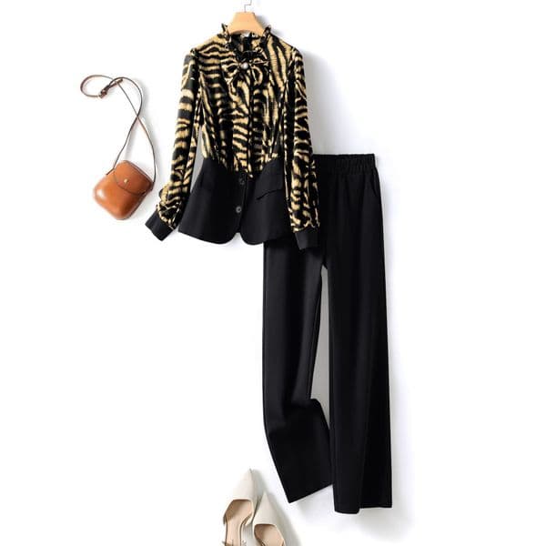 2025 Autumn Black Two Piece Pants Sets Long Sleeve Stand Collar Ribbon Tie Bow Top + Long Pants Suits Set H5G137796