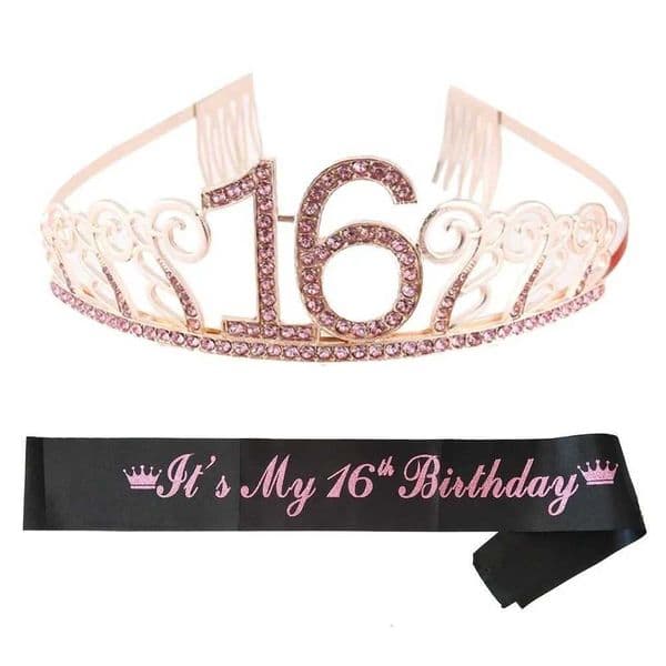 16th Birthday Party Tiara Crown Headband Satin Sash for Girl 16th Birthday Princess Party Decoration Cake Topper Favor Gifts X250813