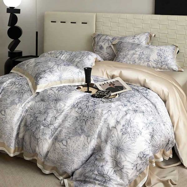 Floral Plant Print Color Blocking Bedding Set Lyocell Bamboo Fiber Soft Silky Duvet Cover Flat/Fitted Bed Sheet Pillowcases 4Pcs XJ250619