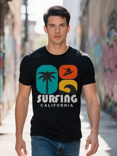 Men s Surfing California Graphic Print Round Neck T-Shirt Lightweight Summer with Vibrant Surf Themed Design