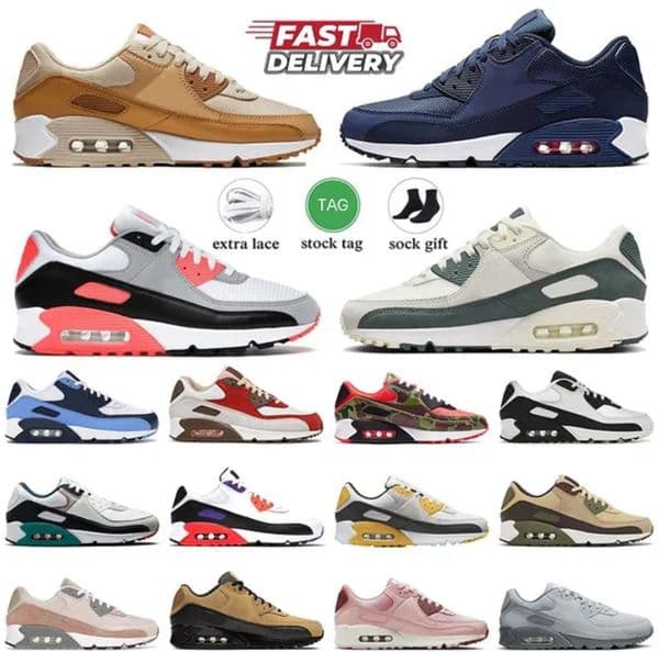 90 Outdoor Shoes 90s Sports 90 Running Sneakers Mens Trainers Surplus Black Desert Camo Wolf Grey Midnight Navy Infrared UNC Camo Sail Vintage Green Women Shoes