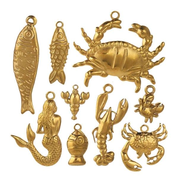 5PCS Stainless SteelMermaid Crab Lobster Charms Connectors Gold-Plated DIY Necklace Earrings Jewelry Making Materials Wholesale 250811