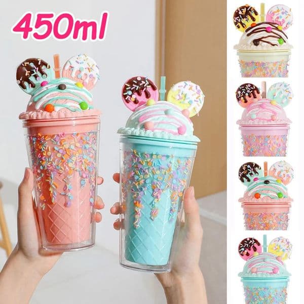 450ml Cute Straw CupIce Cream Lids for Stanley TumblerReusable Plastic CupsSummer Drinkware Cold BrewGirl Water Bottle Gift 250813