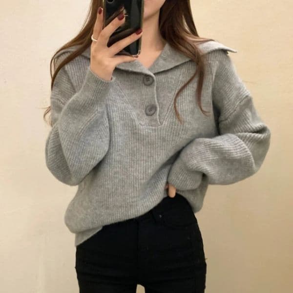 Fashion Turn Down Collar Knitted Sweaters Women Korean Buttons Loose Pullovers Autumn Winter Solid Color Streetwear Jumper Tops 250808