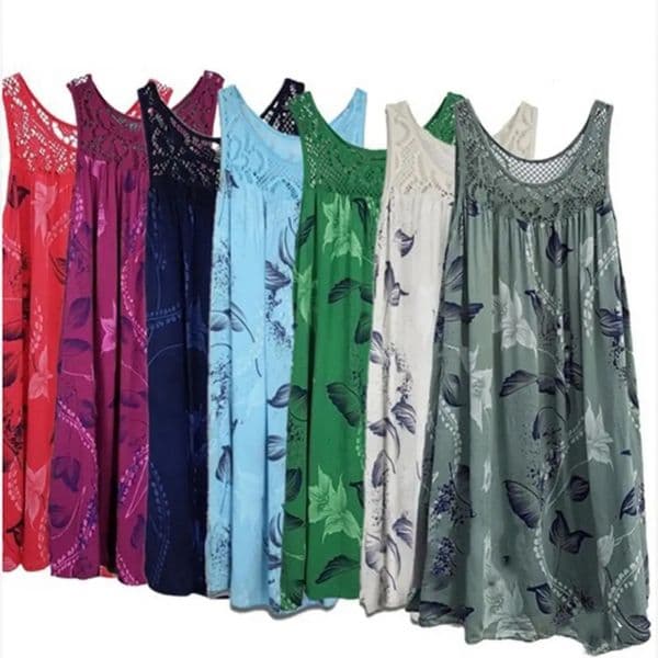 Plus Size Floral Printed Lace Stitching O-Neck Sleeveless Women Summer Loose Tank Dress 250813