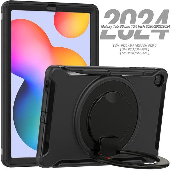 Case For Samsung Galaxy Tab S6 lite 10.4" 2024 Handle Protective Cover 360 Rotating Ring Stand, Shockproof Rugged Protective Tablet Cases P615/P619/P627(Black)(PET Film)
