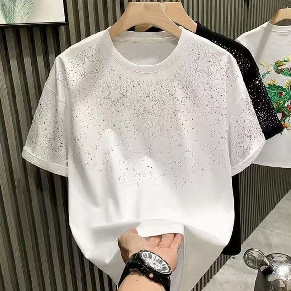 Summer Rhinestone Rivet T shirt For Men Clothing Round Neck Casual t shirt Fashion High Street Mens Summer Short Sleeves hoodie graphic tee polo shirts Z260525