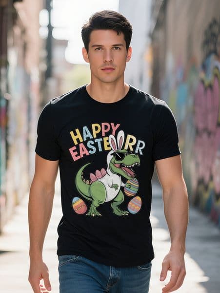 Happy Easter Dinosaur T-Shirt for Men Casual Crew Neck Knit Fabric with Slight Stretch Regular Fit Summer Season
