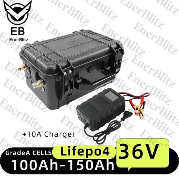 Waterproof 36V 150Ah 100Ah 120Ah LiFepo4 lithium battery pack with BMS for fishing boats solar system motor EV RV+10A charger