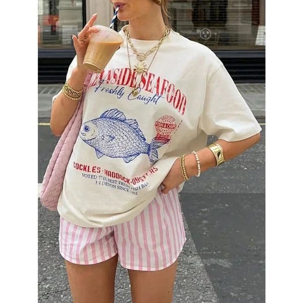 Seafood Graphic Tee Grunge Aesthetic Streetwear T Shirts Cotton Fashion Oversized Women Vintage T-Shirt Retro Style Vacation Top 250813BJ